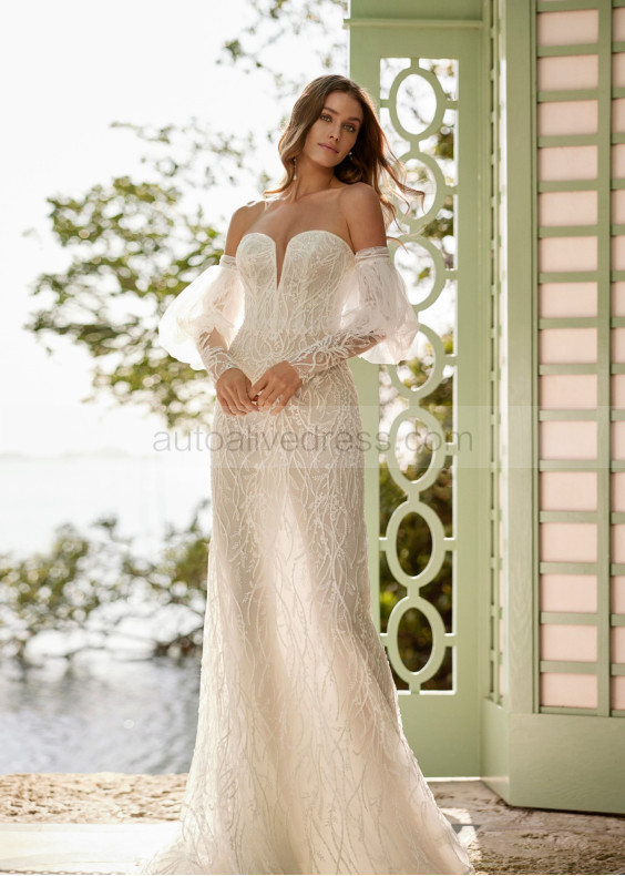 Strapless Beaded Ivory Lace Tulle Sexy Wedding Dress With Detachable Sleeves